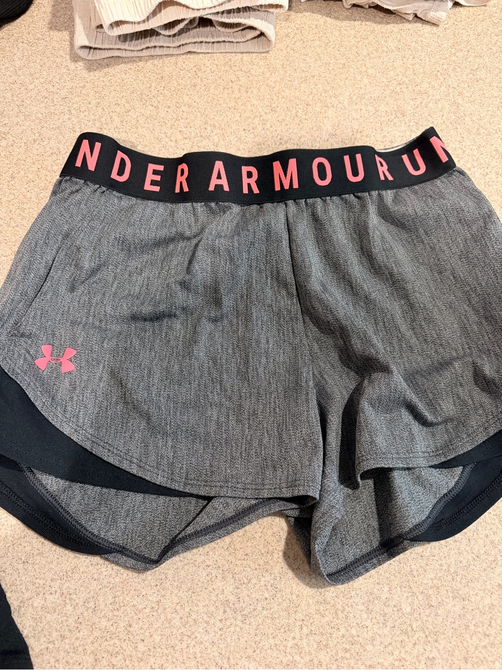 Under Armour Women’s Gray Athletic Shorts with Pink Logo Waistband